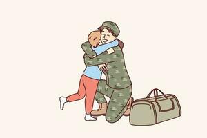 Military woman hugs son after returning from army and participating in hostilities. Mother in military uniform says goodbye to child leaving for detached duty with peacekeeping mission vector