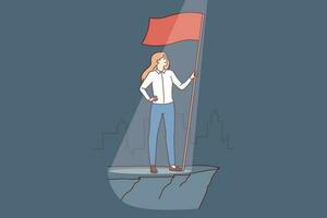 Woman leader with flag symbolizing ambition and desire to achieve business success or career growth. Businesswoman leader became winner in industry and defeated company competitors vector