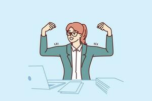 Motivated businesswoman showing biceps on hands sitting at office table with laptop and demonstrating ambition. Motivated woman manager is ready to start work and strive for career achievements vector