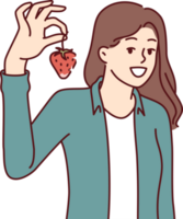 mujer con fresas sonrisas recomendando comiendo Fresco orgánico frutas conteniendo sano vitaminas png