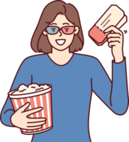 femme avec pop corn et des billets pour cinéma invite à visite intéressant Nouveau superproduction png