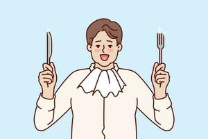Fat man with napkin around neck holds fork and knife and prepares for hearty dinner and eating. Funny hungry guy rejoices at opportunity to eat food for concept of overeating and fighting obesity vector