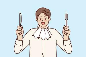 Fat man with napkin around neck holds fork and knife and prepares for hearty dinner and eating. Funny hungry guy rejoices at opportunity to eat food for concept of overeating and fighting obesity vector