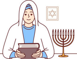 Jewish woman rabbi in white veil, holds torah in hands and sits near image of star of david png