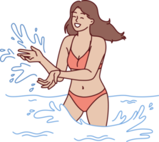 donna nel bikini nuotate nel mare e spruzzi con acqua godendo estate viaggio o viaggio per Parco acquatico png