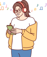 Teen girl listens music on headphones and holds phone with application to select track from playlist png