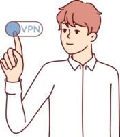 Man presses VPN button to remain invisible on internet and maintain privacy online surfing png
