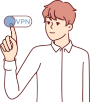 Mann drückt vpn Taste zu bleiben übrig unsichtbar auf Internet und pflegen Privatsphäre online Surfen png