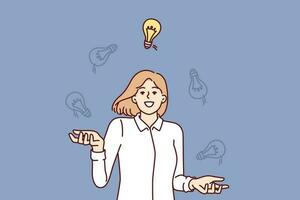 Business woman with lot of new ideas juggles light bulbs choosing best option to complete task assigned by manager. Smart girl with good ideas to launch own startup or move up career ladder vector