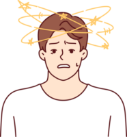 Man with dizziness and stars flying around head looks at camera in confusion after blow or fall png