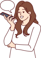 Woman with phone records audio message or using speech recognition features to send via messenger png