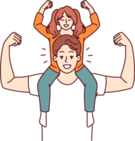 Little daughter sits on shoulders of father and demonstrates biceps, wanting to become like dad png