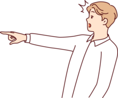 Surprised man with WOW emotions points finger to side to draw customer attention to copy space png