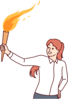 Woman with burning torch lights way in dark for concept of finding solution in difficult situation. png