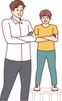 Father and son smiling standing with arms crossed and looking at screen for concept of parenthood png