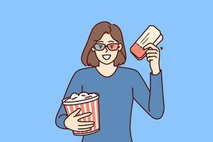 mujer con palomitas de maiz y Entradas para cine invita a visitar interesante nuevo éxito de taquilla esta fin de semana. contento niña en 3d cine lentes alegrarse a oportunidad a reloj nuevo película con especial efectos vector