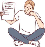 Man demonstrates checklist recommending time management and organizing own work. png