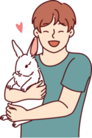 Boy with little rabbit laugh hugging beloved pet for concept of love for domestic animals png