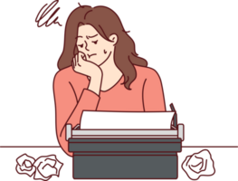 Woman with typewriter feels sad about lack inspiration and professional burnout in career as writer png