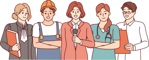 People diverse professions are smiling standing in service uniforms and posing for labor day poster png