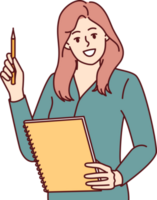 Frau ist halten Notizblock und Stift empfehlen Job planen zum erfolgreich Fertigstellung von Fristen png