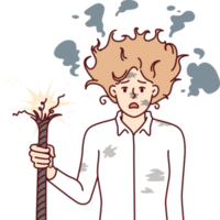 Business woman is electrocuted by broken wire, standing with shaggy hair and dirty face png