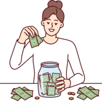 Woman puts money in jar wanting to save up to buy own house or start successful business png