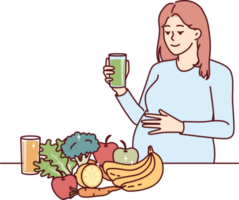 Pregnant woman drinks juice from fresh fruits and vegetables standing near steel with healthy food png