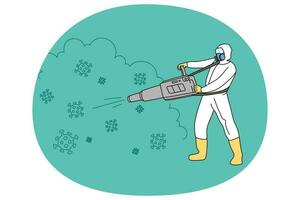 Man worker in protective suit disinfect surroundings from infection. Male employee in uniform involved in disinfection. Epidemic virus killing. Vector illustration.