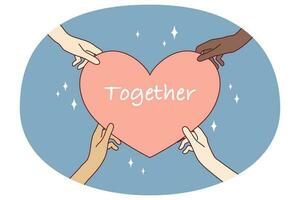 Multiethnic hands holding big heart showing respect and love. Diverse multiracial people demonstrate care and support. Friendship and togetherness. Flat vector illustration.