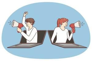 People with megaphones screaming about promotion or discount deal from laptops. Man and woman with loudspeakers promote sale or campaign. Vector illustration.