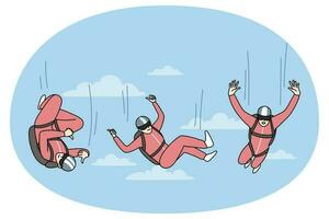 Happy person in protective suit falling down from sky with parachute. Concept of free falling. Extreme sport. Flat vector illustration.