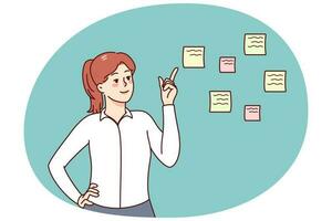 Smiling businesswoman point at sticky notes with numbers planning tasks. Happy woman prioritize to do list, share work schedule. Time management concept. Vector illustration.