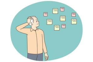 Elderly man making notes suffering from memory loss. Old grandfather use memo stickers struggling with Alzheimer or dementia. Health problems concept. Vector illustration.