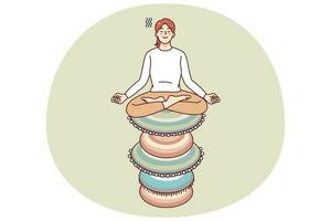 Calm woman sitting on stack of zen rocks meditating. Peaceful female practice yoga involved in meditation session. Healthcare and peace. Vector illustration.