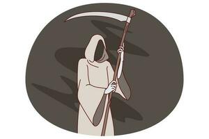 Grim reaper with scythe wearing robe representing death. Mythology concept. Flat vector illustration.