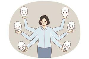 Businesswoman holding different masks choose moods and emotions in office. Woman feel emotional. Liar or bipolar disorder. Flat vector illustration.