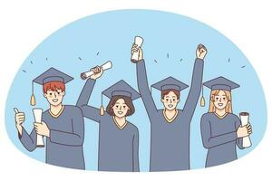 Excited people in mantles holding diplomas celebrate college graduation. Smiling students on university degree celebration. Education concept. Vector illustration.