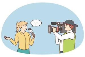 Cameraman shooting woman journalist doing reportage. Professional operator filming female reporter with microphone. Journalism concept. Vector illustration.