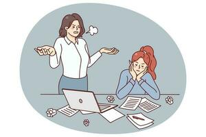 Furious boss stressed with employee unproductive work in office. Angry businesswoman unhappy with lazy worker at workplace. Vector illustration.