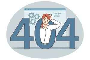 Confused woman experience 404 error on computer. Frustrated unhappy female employee have mistake message on gadget. Page not found. Vector illustration.