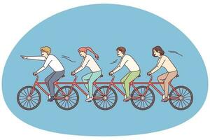 People riding one bike together. Business team on bicycle engaged in teamwork. Teambuilding and unity in office. Vector illustration.