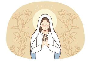 Virgin Mary surrounded by lilies praying. Mother of Jesus Christ in prayer. Faith and religion. Vector illustration.