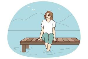 contento mujer sentado en muelle cerca agua disfrutar verano vacaciones. sonriente niña relajante en puente en río disfrutando vacaciones. vector ilustración. . vector ilustración