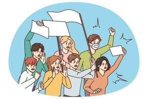 Angry people with placards protest on demonstration or riot. Furious activists stand against discrimination on meeting. Vector illustration.