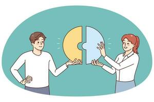 Happy businesspeople connect pieces of jigsaw find solution together. Smiling employees look for solution. Teamwork and problem solving. Flat vector illustration.