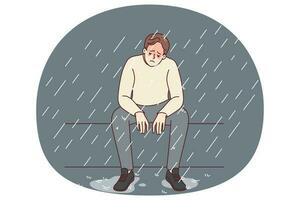 Unhappy man under rain feeling depressed vector