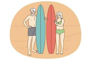 Happy older people with surfboards standing on beach. Energetic active elderly man and woman enjoy surfing. Good maturity. Vector illustration.