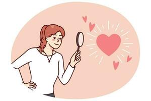 Woman using magnifier looking for love vector