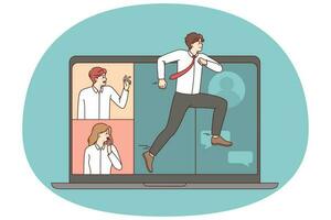 Male employee running away from online business meeting on laptop with colleagues. Man jump into offline work schedule. Remote conference on computer problem. Vector illustration.